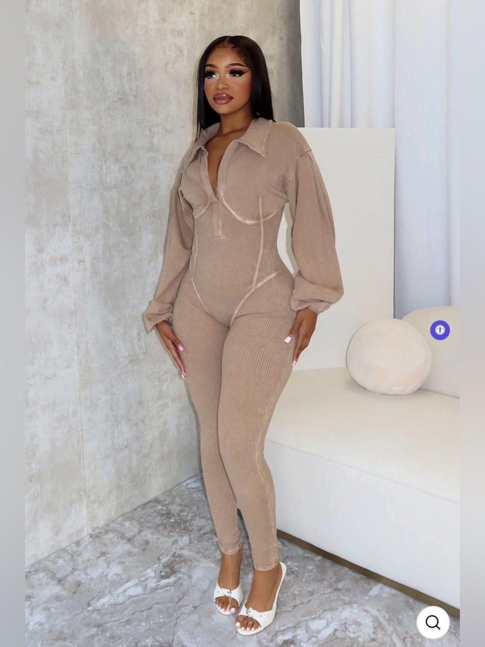 edge Taupe Ribbed Zip-Front Jumpsuit with Collar